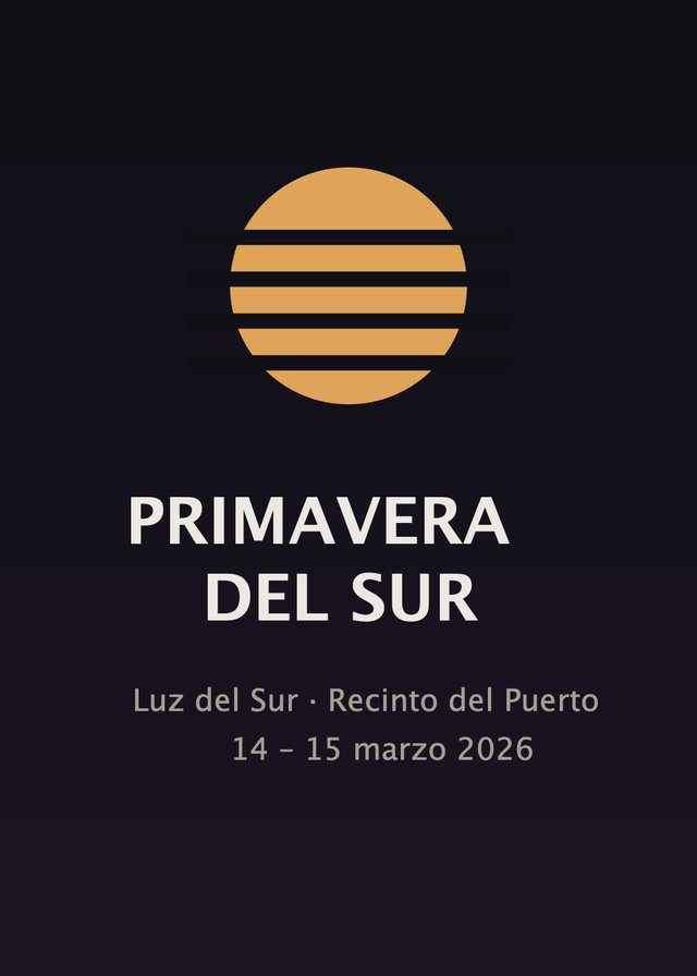 Festival poster: an amber sun over dark water lines, Primavera del Sur in bold type.